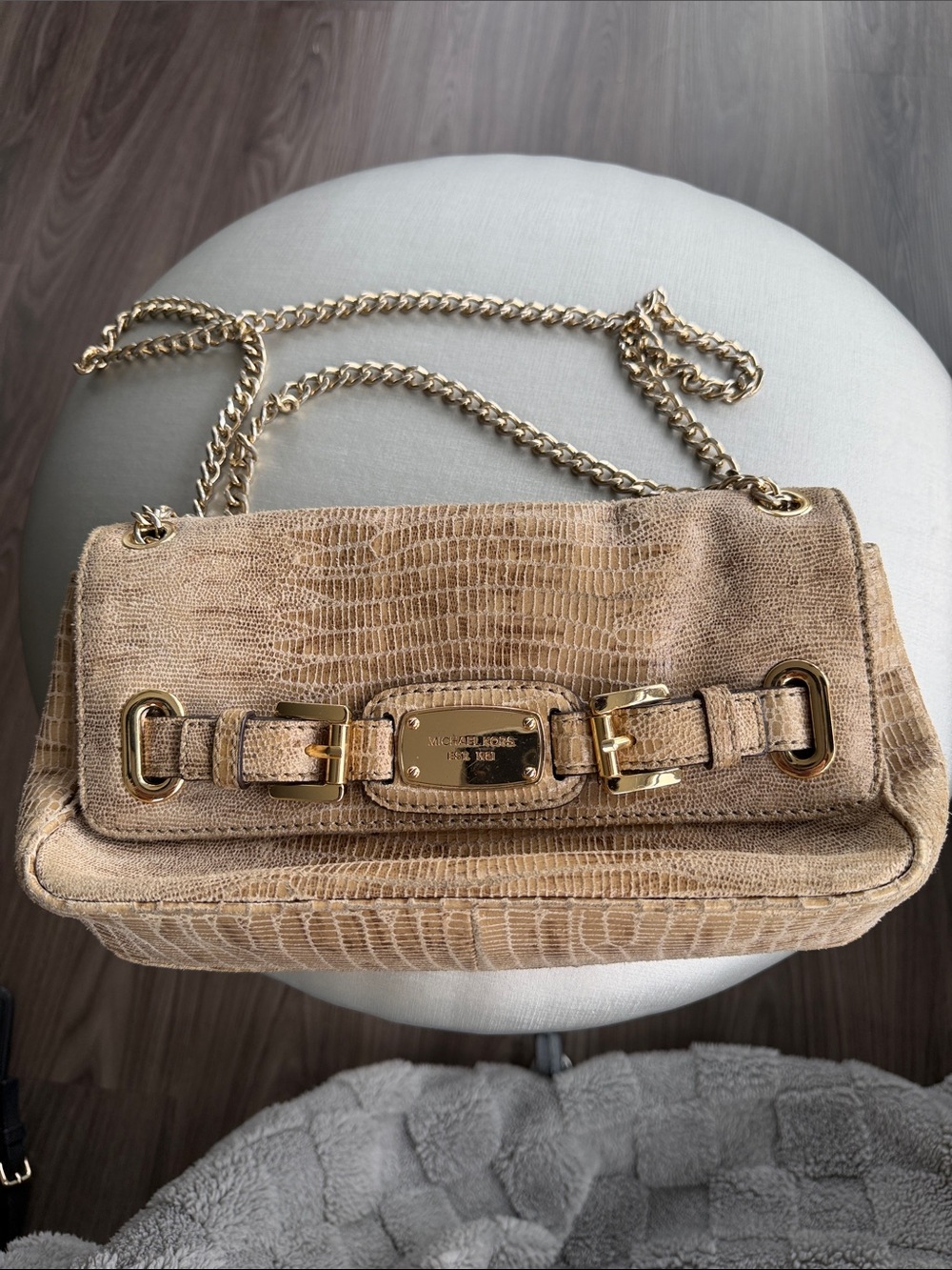 Michael Kors Tan Croc-Embossed Shoulder Bag with Gold Hardware